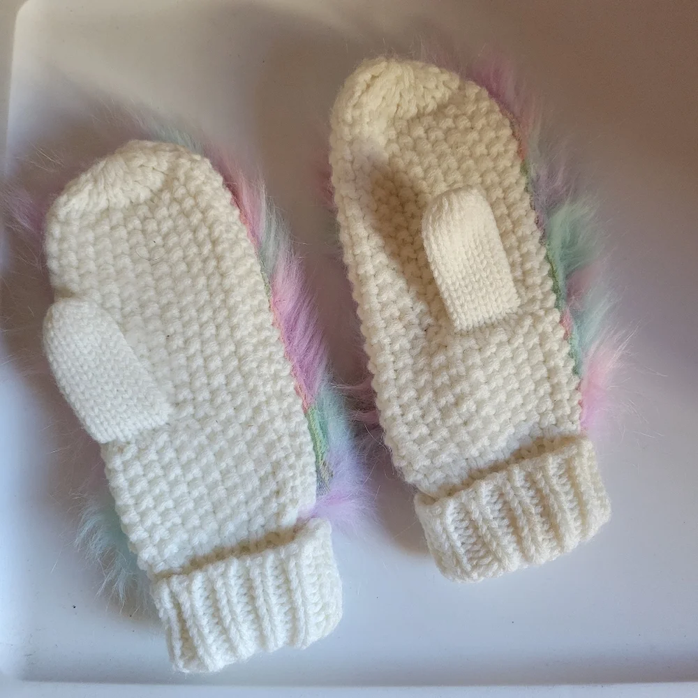 Capelli colorful fur knit mittens pastel pink Teal purple
